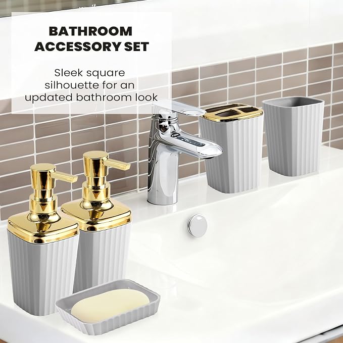 XLHOMO 9-Piece Light Gray Bathroom Accessories Set - Modern Vertical Stripe Decor with Slim Wastebasket, Soap Dispenser & Toothbrush Set - Neutral Bath Organization Kit - Image 5