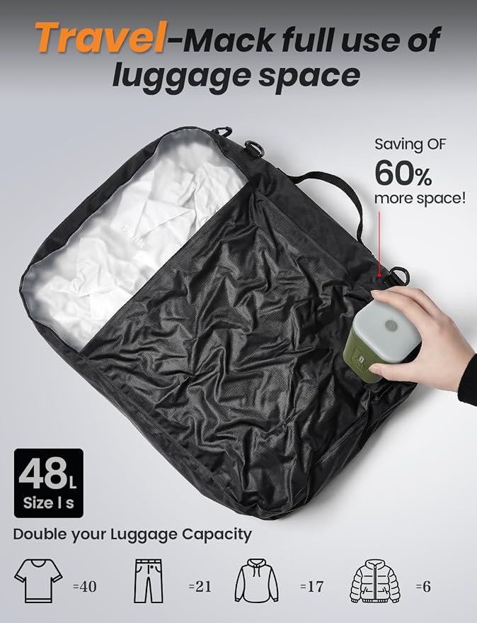12 Travel Vacuum Bags with Pump for Travel Camping Sports Business TPU&PAPE Space Saver 2 Pack Storage with Portable Air Pump, Compression Packing for Clothes, Luggage, Suitcases - Black 48L - Image 4