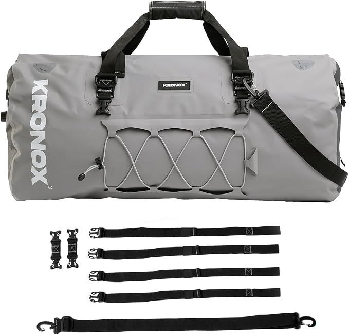 KRONOX Motorcycle Duffel Bag Waterproof, 25L Grey – Durable Motorcycle Luggage & Saddle Bags. Back Seat Dry Bag for Travel, Commute & Dirt Bike Gear by KRONOXGear