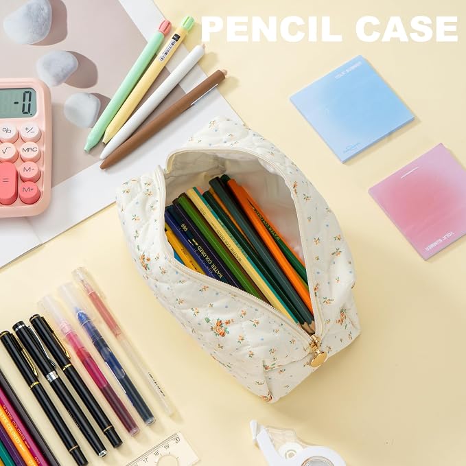 Makeup Bag Travel Toiletry Bag for Women, Small Cosmetic Bags Cute Quilted Cotton Makeup Pouch for Purse Emergency Bag Floral Pencil Case Accessory Bag, Orange Floral - Image 6