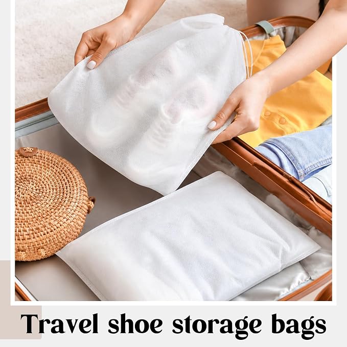 Shappy 100 Pcs White Travel Shoe Bags Non Woven Packing Drawstring Sacks Clear Window Large Storage Pouch Organizer for Men Women - Image 5