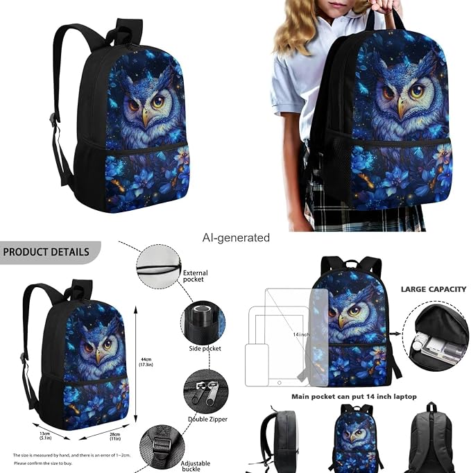 Blue Owl Kids School Backpack with Lunch Box Bag Girls 10-12 Lightweight Tote Bag with Water Bottle Pocket Pencil Pouch for School Picnic Vacation Travel Birthday Gifts for Students - Image 3