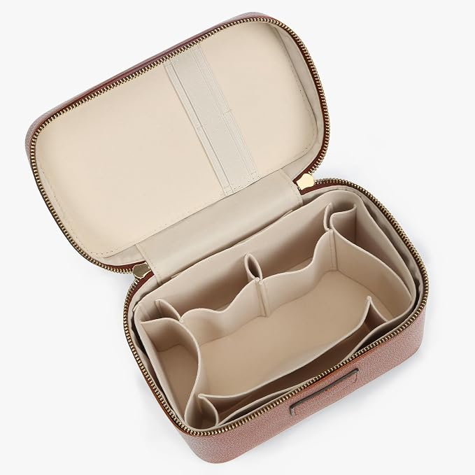 Makeup Bag Vanity Case with Removable Divider Travel Toiletry Bag Portable Cosmetic Bag Makeup Organizer Case (Light Brown) - Image 5