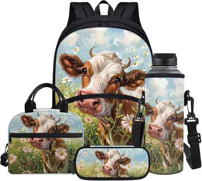 Cute Cattle Floral Print Boys Backpacks 4pcs/set School Bag Bookbags Shoulder Water Bottle Sleeve Insulated Food Handbags Case Pencil Holder by Glomenade