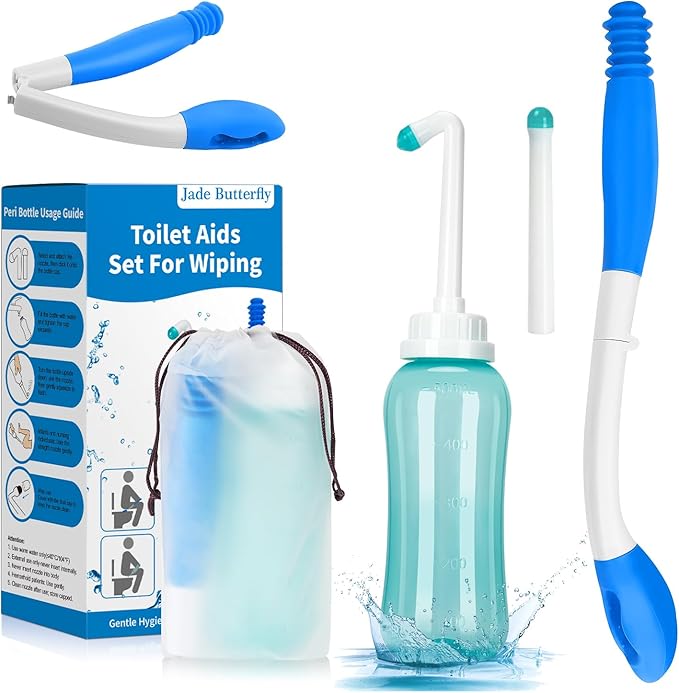 Foldable Toilet Aids Set for Wiping – 2PCS Personal Hygiene Kit with Collapsible Butt Wiper Tool & Dual-Nozzle Peri Bottle , Wiping Aid for Post-Surgery Recovery, Elderly and Travel Use (Blue, Ultra)