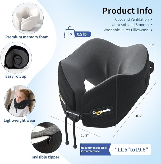 Patented Head-Bobble-preventing Ergonomic 360° Supporting Golden Formula Memory Foam Travel Neck Pillow w/3D Contoured Eye Mask Set Long Trip Sleeping Essentials for Airplane Flight Car Bus - Image 6