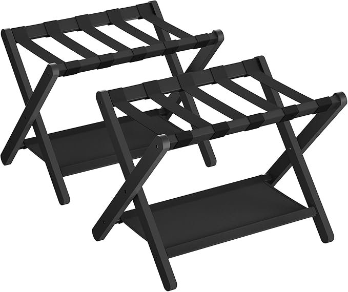 SONGMICS Bamboo Luggage Rack for Guest Room, Set of 2, Folding Suitcase Stand with Fabric Storage Shelf, for Hotel, Bedroom, Heavy-Duty, Holds up to 131 lb, Ink Black URLR007B02 by Unknown