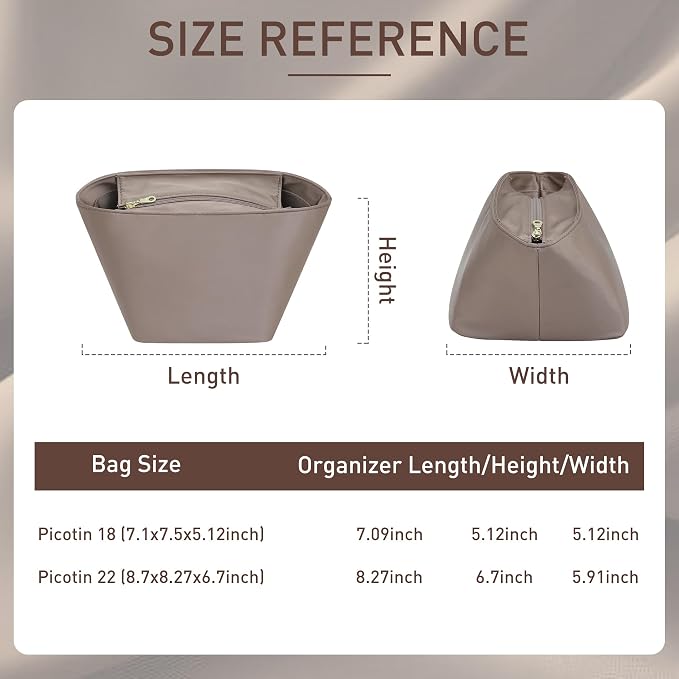 Picotin 18 Luxury Satin Purse Organizer Insert, Silky Smooth Picotin 18 Bag Insert with Multiple Pockets, Soft Touch Inner Liner for Women's Handbags, Fits Hermes Style Picotin Bags(PC18, Etoupe Grey) - Image 2