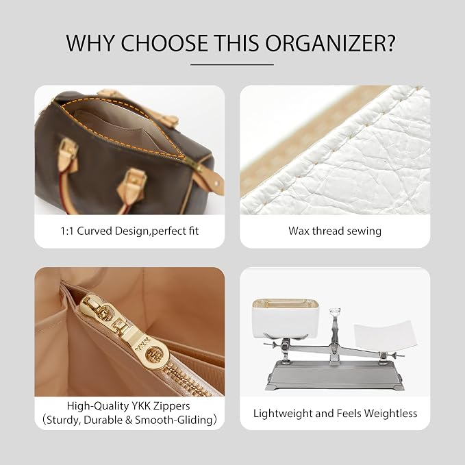 DupontPaper Purse Organizer Insert for LV Speedy 30 Handbags, White | Dupont Paper Speedy 30 Organizer Insert, Waterproof Lightweight Bag Insert with Bottle Holder, 12 Pockets, YKK Zipper - Image 6