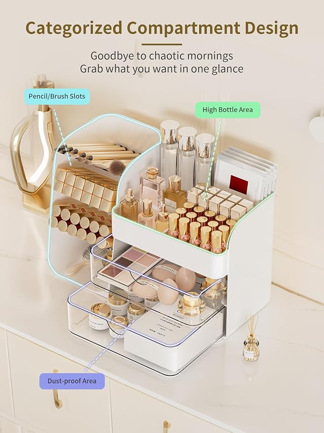 Booklov Makeup Organizer for Vanity, Countertop Cosmetic Display Case with Clear Acrylic Drawers, Bathroom Counter Beauty Caddy, Cute Table Storage Holder for Skincare, Brush Lipsticks, Crystal White - Image 3
