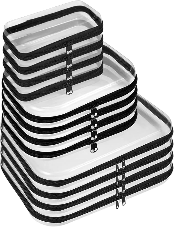 12 Pack Clear Hard Shell Zipper Case (4 Large 4 Small & 4 Medium), Hard Plastic Organizer Pouches for Travel (4L+4M+4S(Black)) by Home