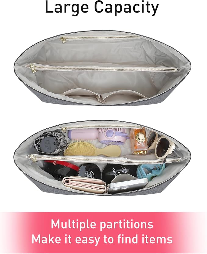Doxo Purse Organizer Insert, Tote Bag Insert for LV Neverfull PM, C.oach City 30 and More, Ultra Lightweight Bag Organizer Insert with Zipper (Medium,Black-beige) - Image 2