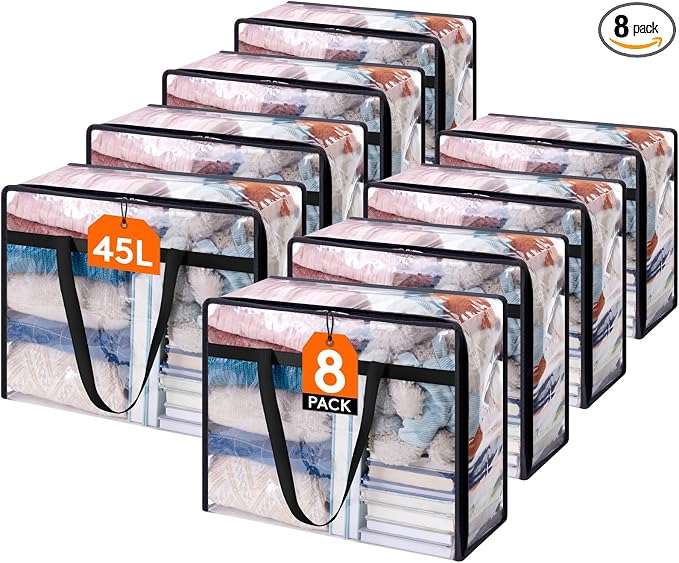 Lifewit 8 Pack Clear Clothes Storage Bags, 45L Plastic Blanket Storage Bag, Vinyl Foldable Moving Bags with Zipper, Closet Organizers and Storage Containers for Bedding, Duvet, Comforter by Lifewit