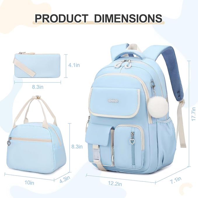 DIGOBAY Backpacks for Girls, 3PCS School Backpack with Lunch Box Pencil Pouch for Teen Girls Kids Elementary Primary Middle High College Travel School bag Bookbag Set （Blue） - Image 2