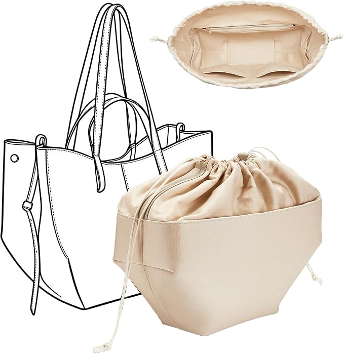 Premium Canvas Bag Organizer Insert for Cyme Large Bags, Sturdy & Lightweight Handbag Organizer with Unique Drawstring Closure, Purse Insert with 8 Compartments Including Zipper Pocket/L by OAIKOR