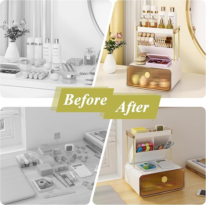 FOLLOWIN 3 Tiers Makeup Organizer with Drawer, Cosmetic Display with Lipsticks Brush Holder, Cosmetics and Beauty Supplies Organizers for Vanity, Dresser, Bathroom Desktop Countertop Organizer, Amber - Image 4