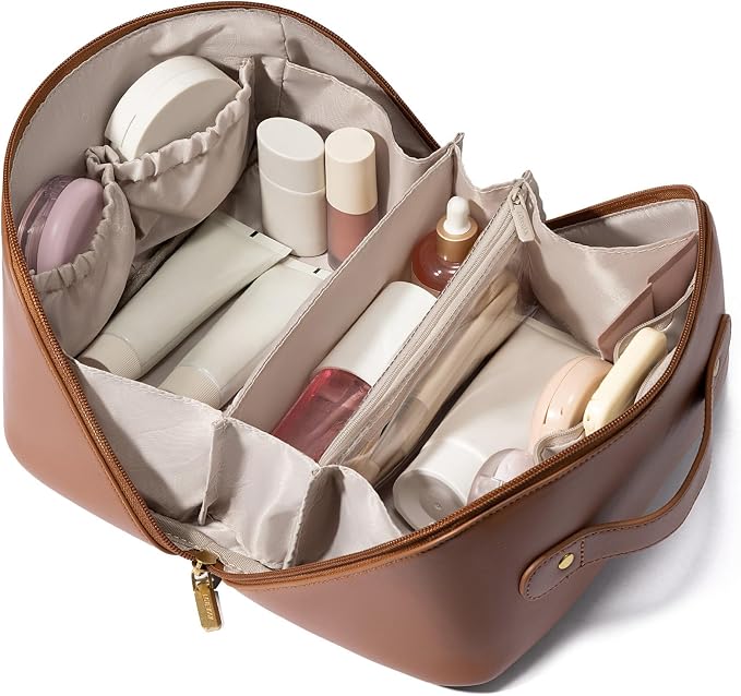 LOVEVOOK Travel Makeup Bag for Women, 2Pcs Large Capacity Cosmetic Organizer Bag, Waterproof PU Leather, Flat Open Portable Small Toiletry Pouch for Skincare, Brushes & Travel Essentials by LOVEVOOK