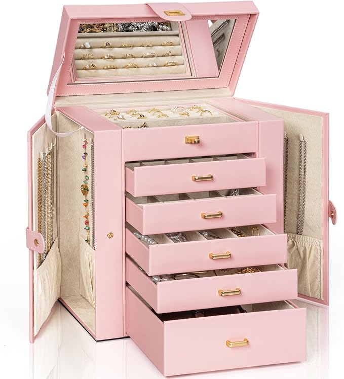 AKOZLIN 6-Tier Jewelry Box Organizer Functional 5 Drawers Leather Jewelry Storage Case for Women Girls Ring Necklace Earring Bracelet Holder Organizer with Mirror Light Pink Large by AKOZLIN