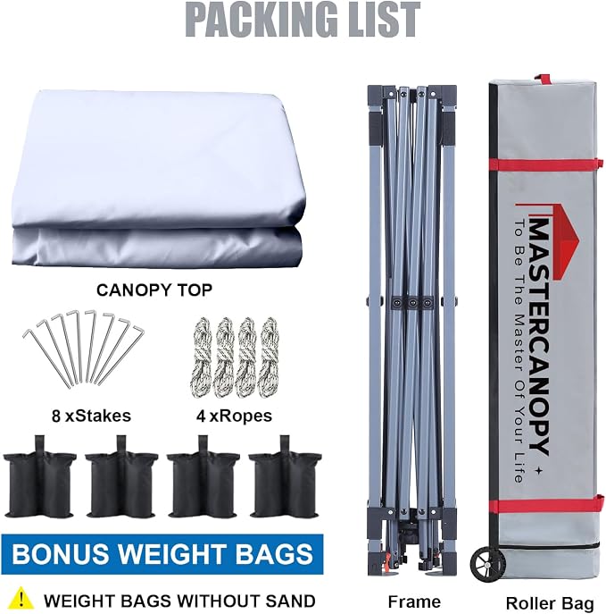 MASTERCANOPY 10x10 Pop Up Canopy Tent, 1 Person Setup Instant Shelter,Outdoor Portable Beach Canopy with Roller Bag, 4 Sandbags, 4 Ropes, 8 Stakes (10x10, White) - Image 6