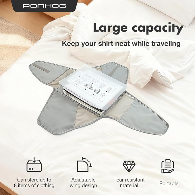 Ponhog Grment Folder for Travel 2-Pcs Grey | Original Garment Packing Folder, Foldable Clothes Shirt Bags with Wrinkle-Free Folding Board and Compression Wings - Image 4