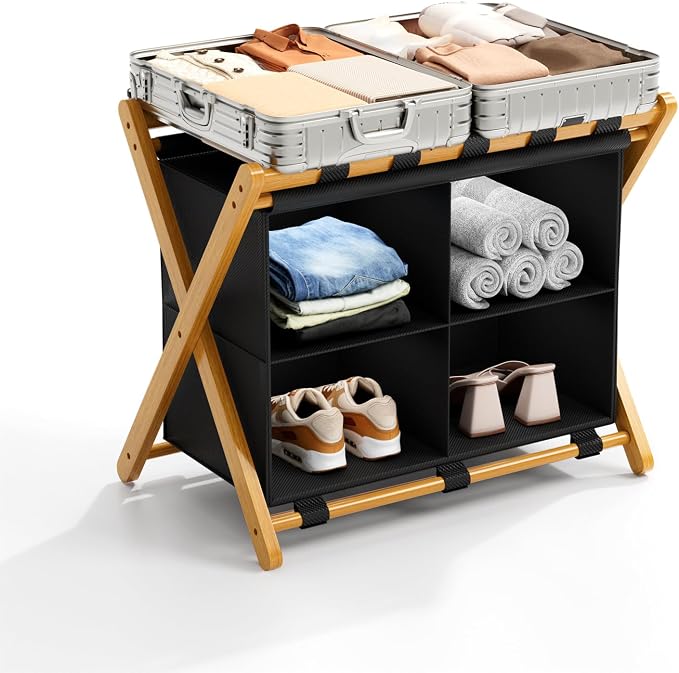 Natural Bamboo Luggage Rack with 4 Storage Compartments, Foldable Suitcase Stand, Luggage Rack for Guest Room , 150lbs Capacity, Sturdy by Unknown