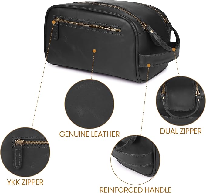 Full Grain Leather Toiletry Bag for Men & Women – Water-Resistant Travel Shaving Kit Organizer with YKK Zipper, Spacious Bathroom Grooming & Cosmetic Storage Case - Black - Image 3