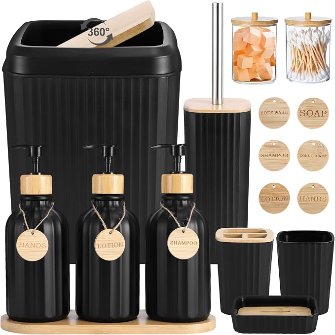XLHOMO Black Bathroom Accessories Set 17PCS Bathroom Set with 3PCS Soap Dispenser Bathroom Accessory Set Black Trash Can for Bathroom Decor by BetterbathroomwithXLHOME