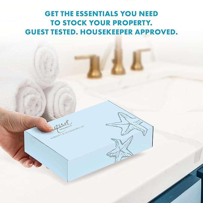 1-Shoppe Aqua Organics Amenity Kit | Boxed Hotel Toiletries Bulk Set | 1 oz Shampoo, Conditioner, Lotion, Body Wash & Bar Soap | 5 piece set