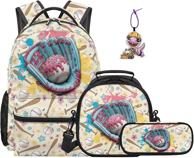 Donut Glove Baseball 4-in-1 Backpack Set with Lunch Box, Pencil Case & Dinosaur Charm for Girls Ages 8-10 3rd 4th Grade Kids Back to School Bag 17 Inch Sports Backpack by Dremagia