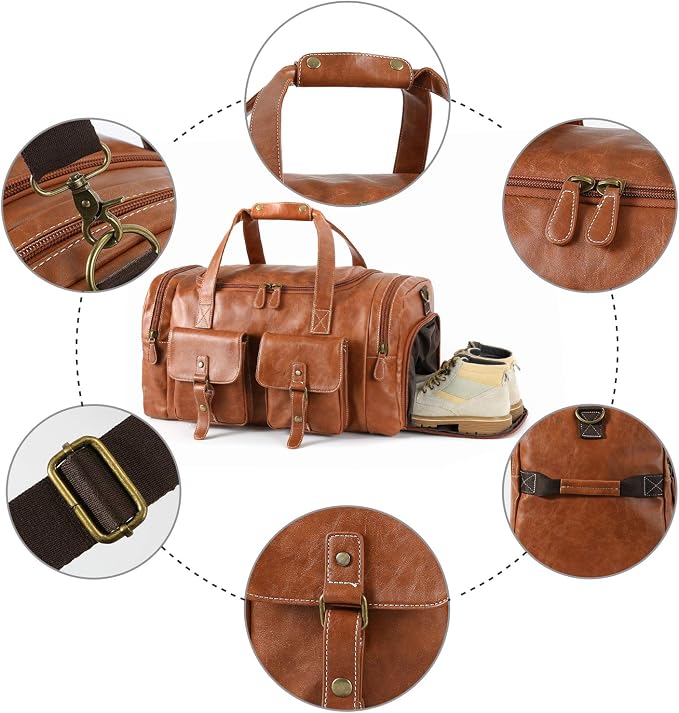 Zeroway PU Leather Travel Duffel Bag with Shoe Pouch Large Carry on Bag Waterproof Weekender Overnight Bag for Men Women Brown - Image 3