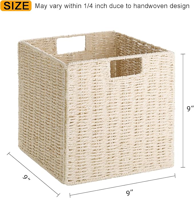 Vagusicc Wicker Storage Basket, Set of 2 Hand-Woven Storage Baskets for Shelves with Handles, Foldable Cube Storage Baskets Bins Organizer, 9 inch Wicker Baskets for Pantry Bedroom Decor, Beige - Image 2