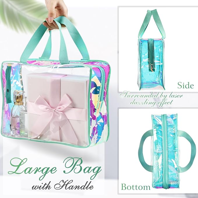 Sweetude 10 Pcs Large Clear Toiletry Bag with Handle Large Capacity Travel Iridescent Beach Makeup Bag PVC Clear Plastic Tote Punch Cosmetic Clothes Storage Organizer for Women Men (Turquoise) - Image 4