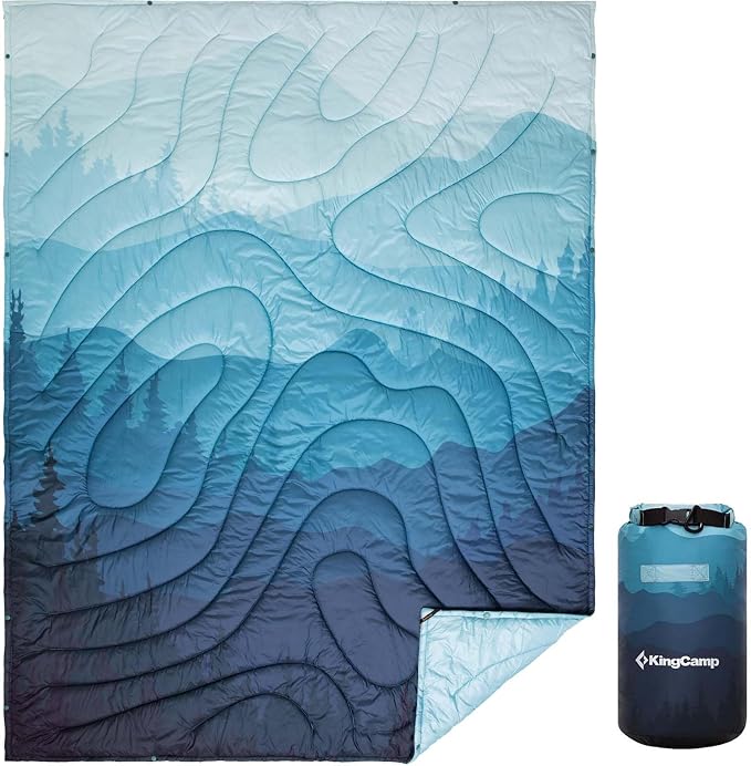 KingCamp Ultralight Camping Blanket, Packable Down Alternative Puffy Printed Wearable Blanket with Snap Buttons & Corner Loops Weatherproof Quilt for Outdoor Travel Stadium (78.7"L x 57.1”W, CYAN) by KingCamp