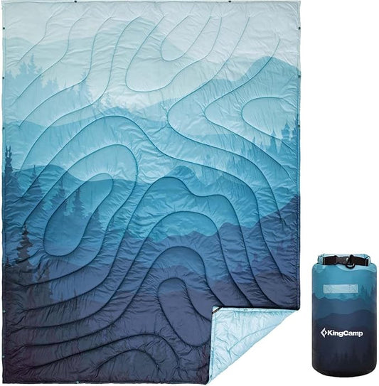 KingCamp Ultralight Camping Blanket, Packable Down Alternative Puffy Printed Wearable Blanket with Snap Buttons & Corner Loops Weatherproof Quilt for Outdoor Travel Stadium (78.7"L x 57.1”W, CYAN) by KingCamp