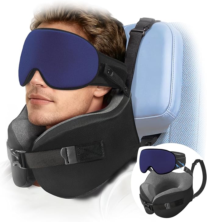 YFONG Travel Pillow for Long Flight Airplanes, Head Strap Combo with 3D Contoured Eye Mask for Sleep, Neck Pillow for Car Trip Essential, 360° Support Memory Foam Headrest, Prevent Bobbing, Blue by YFONG