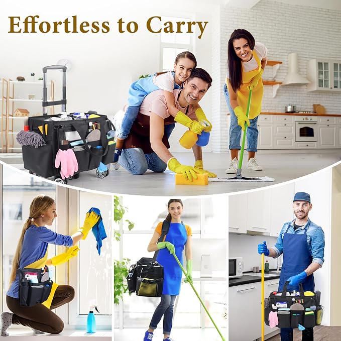 Rolling Cleaning Caddy Bag with Detachable Trolley, Multi-Functional Portable Cleaning Cart Supplies Organizer for Housekeeping and Domestic Cleaning, Cleaning Caddy with Wheels, Black - Image 3