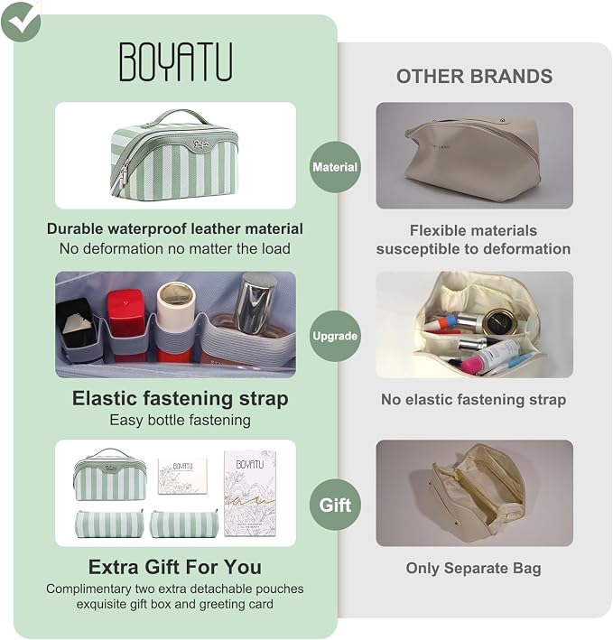 BOYATU Travel Makeup Bag Cosmetic Bag for Women: 3 Pcs Set Striped Make up Bag with Compartments - Waterproof Vegan Leather Toiletry Bag with Handle - Makeup Organizer for Travel Essentials(A-2-Green) - Image 2
