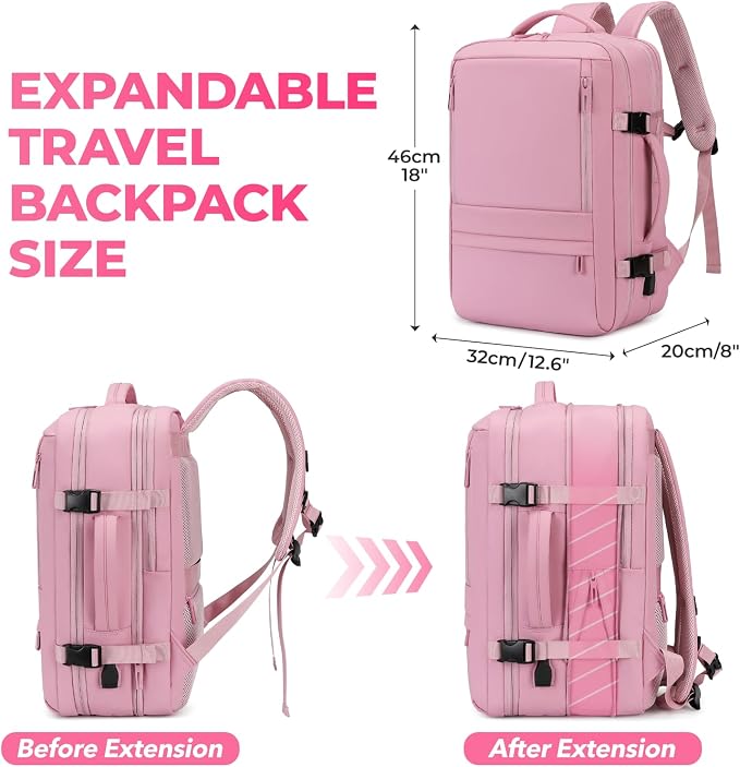 Rcrirth Travel Backpack for Women | Expandable Carry On Backpack with 17.3 Inch Laptop Compartment - Personal Item Travel Bags for Women Nurse Work Bag for Traveling Weekender Business College - Pink - Image 3