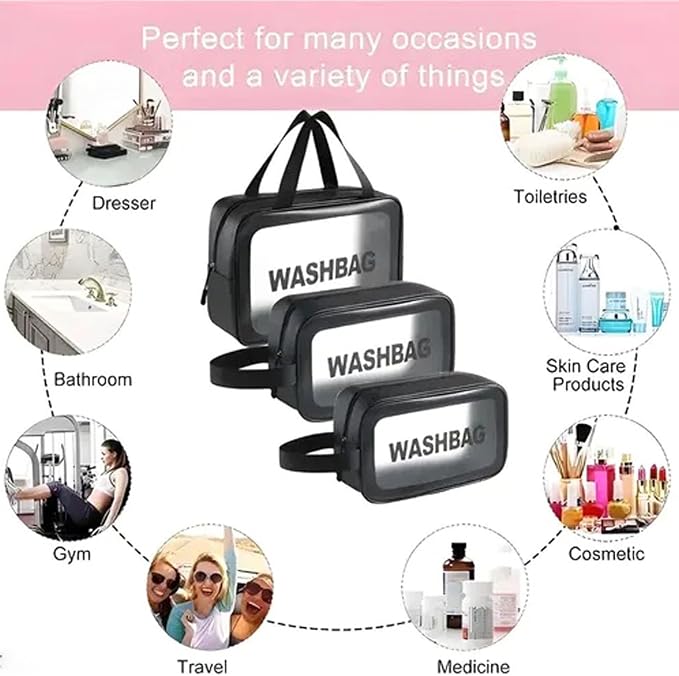 Washbag Toiletry Kit Organizer for Travel – Waterproof Cosmetic & Makeup Pouch Set of 3 (Large, Medium, Small) – Transparent Travel Wash Bag for Men & Women, BLACK, Unisex Style – Perfectly designed - Image 4