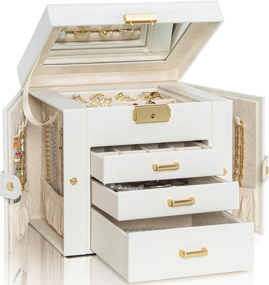 AKOZLIN 4-Tier Jewelry Box Leather Jewelry Storage Organizer with 3 Drawers Lockable for Women Girls Ring Necklace Earring Bracelet Holder with Mirror White by AKOZLIN