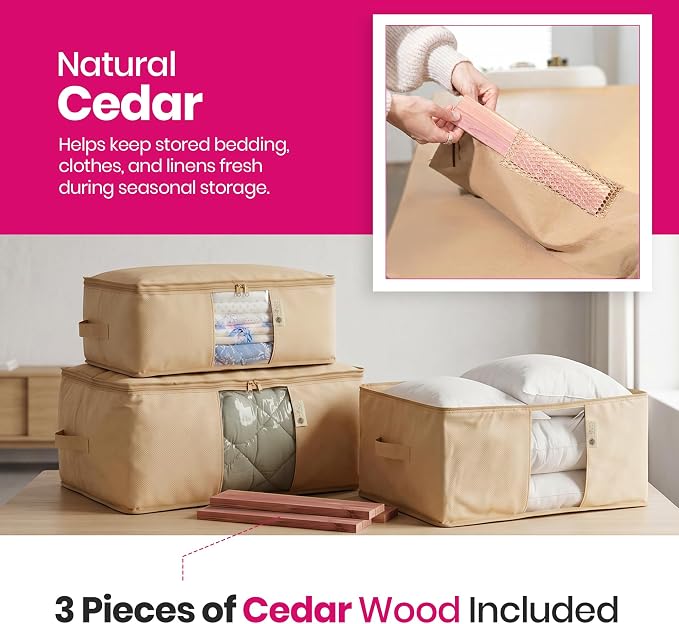 Cedar Storage Bag Organizer for Bedding Set - Protects from Moths, Moisture, Dirt & Dust - Set of 3 Storage Bags for Bed Sheets, Comforter, Pillows & More - Space-Saving Bedding Organizer, Beige - Image 4