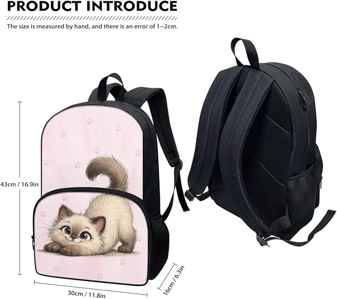 Funny Cat Backpack Set for Girls, Pink Paws School Backpack for Kids 8-12, 4 Pcs Travel Bookbag Insulated Lunch Bag Pencil Box Stationery Pouch Bag Schoolbag Daypack Knapsack Rucksack - Image 2