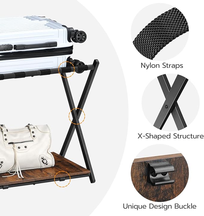 HOOBRO Folding Luggage Rack, Suitcase Stand Holder with Wooden Storage Shelf, Holds up to 110 lb, 27.2 x 15.7 x 24 Inches, for Guest Room, Bedroom, Closet, Hotel, Rustic Brown and Black BF68XL01G1 - Image 6