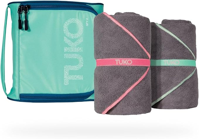 MISSION Tuko Microfiber Beach Towel Set of 2, Quick Dry Beach Towel with Water Resistant Carrying Case, Lightweight Sand Resistant Pool Essential for Boat, Swim and Travel, 60 x 30 by MISSION