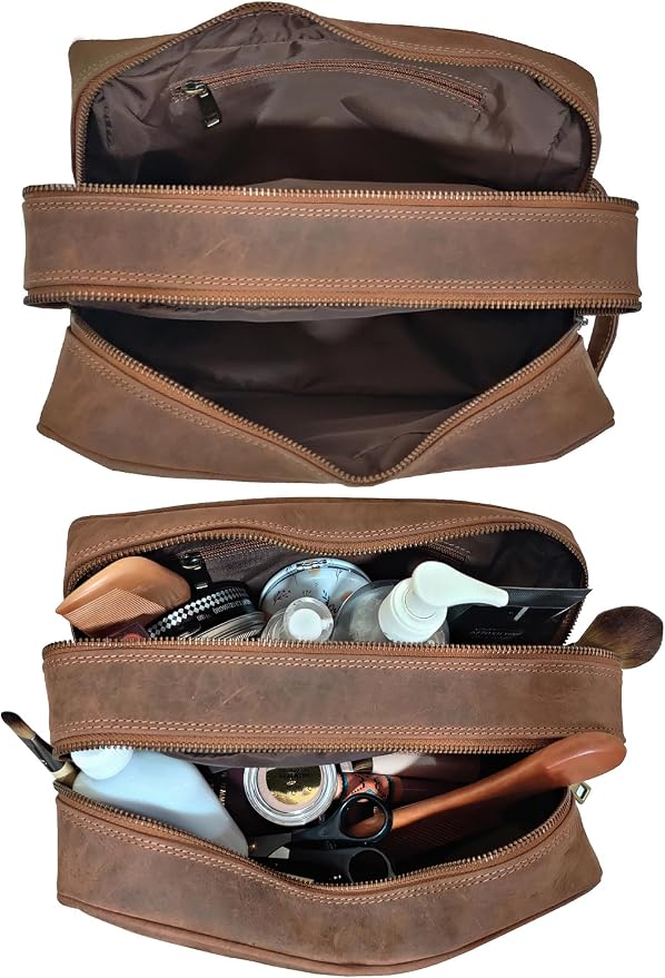 RUSTIC TOWN Full Grain Leather Travel Toiletry Bag - Cosmetic Makeup Kit Organizer (Brown) - Image 5