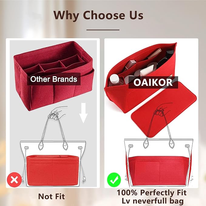 Purse Organizer Insert, Felt Zipper Bag Organizer with Base Shaper, Handbag Tote Dividers for Inside Purse Accessories, Compatible with Neverfull PM and More,Red/M - Image 4
