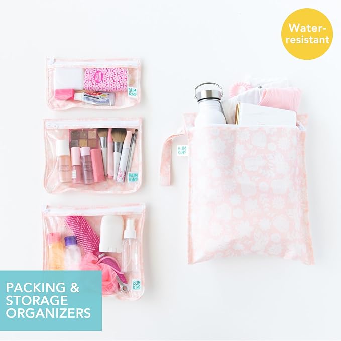 Bumkins Wet Bag and 3-Pack Clear-Sided Travel Pouches, Waterproof Organizer for Toiletries, Gym Clothes, Swim Gear, Shoes, Accessories, TSA Compliant Packing Set - Pink Lace - 4 Pack - Image 2