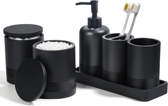 Bathroom Accessories Set, 6-Piece Bathroom Accessory Set, Toothbrush Holders Set, Soap Dispenser, Vanity Tray, Tumbler, Cotton Swab Jars, Bathroom Organizer for Modern Bathrooms(Matte Black) by YMXYJM