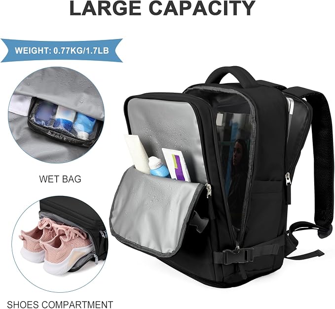 coowoz Travel Backpack For Women Men,Carry On Backpack,Hiking Backpack Waterproof Outdoor Sports Rucksack Casual Daypack Travel Essentials(Black) 25L - Image 5