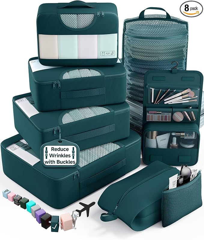Veken 8 Set Packing Cubes for Travel Essentials,Anti-Wrinkle Buckled Suitcase Organizer for Shoe & Toiletry Bag,Carry On Luggage Bag with 99+ Count Mesh Holes for Airplane & College Dorm Accessories by Veken